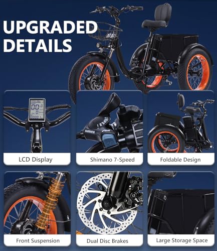 Electric Tricycle for Adults, 750W, Folding Fat Tire, 48V Removable Battery O76597