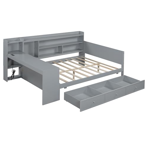 Bellemave Twin Corner Bed Frame with Storage Shelves and Desk, Gray L74206