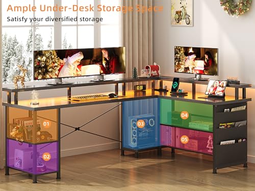 66" L Shaped Gaming Desk with Power Outlet and LED Lights, Black Carbon Fiber O942411