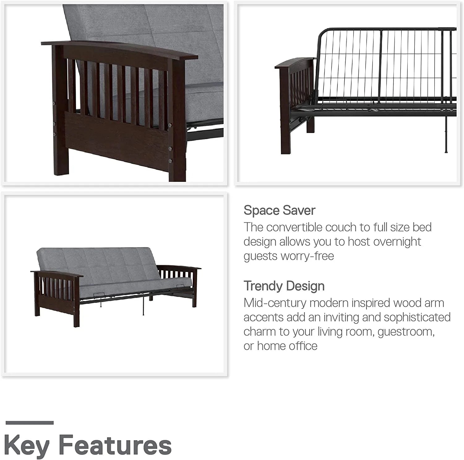 Elbi Full Size Wood and Black Metal Futon Frame, Natural Q52613
