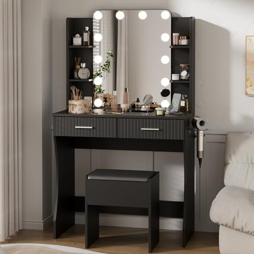 White Vanity Desk with LED Mirror and Storage Stool D5834