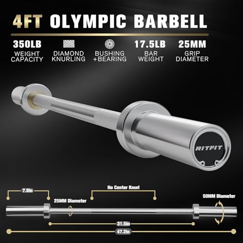 RITFIT Olympic Barbell 4ft/6ft 2 Inch Weight Bar for Strength Training, 500lbs Capacity F369