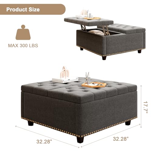 Large Square Storage Ottoman Coffee Table with Lift Top, Linen Upholstered, Light Grey L2433