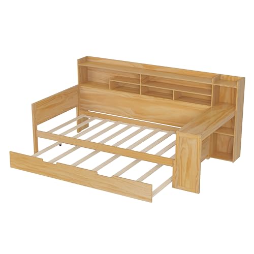 Bellemave Twin Corner Bed Frame with Storage Shelves and Desk, Gray L74206