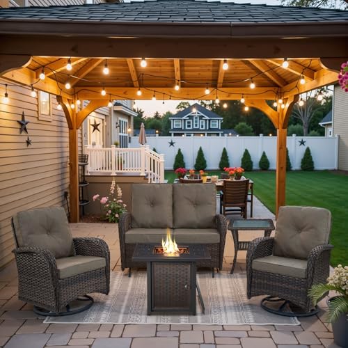 Outdoor Wicker Swivel Rocker Chairs Set of 2 with Rattan Side Table, Brown/Blue B592