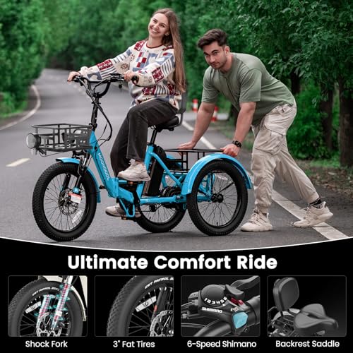 MOONCOOL Electric Tricycle for Adults, 500W 48V Folding 3-Wheel Bike with Basket O9027