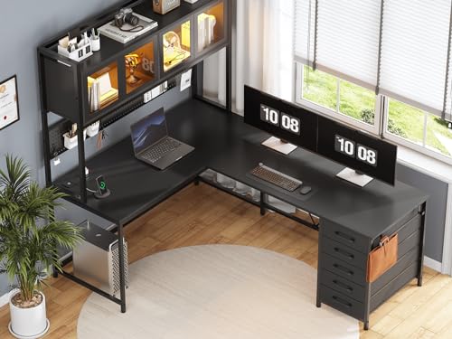 SEDETA L Shaped Gaming Desk with Drawers, LED Lights, and Power Outlet O3738