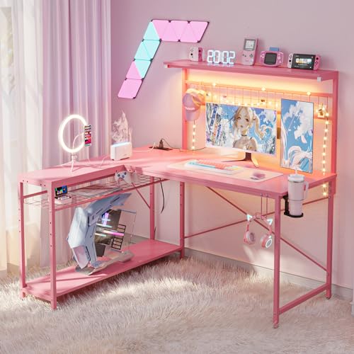 Bestier 42 L Gaming Desk with Power Outlets, LED Lights and Shelves D8630