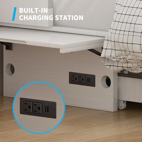 Mjkone Murphy Bed Queen Cabinet Bed with Tri-fold Mattress and USB Charging Station, White J746862
