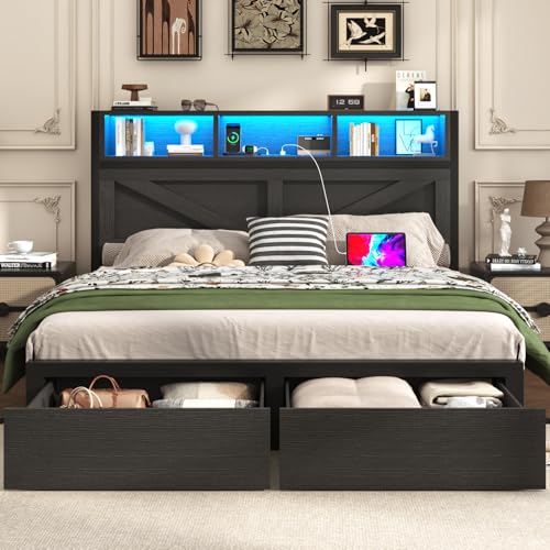 Farmhouse Full Bed Frame with Bookcase Headboard, Charging Station, Brown K11127