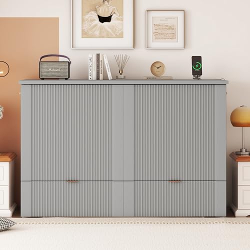 Harper & Bright Designs Queen Murphy Bed Cabinet with USB Charging Station, White D9669