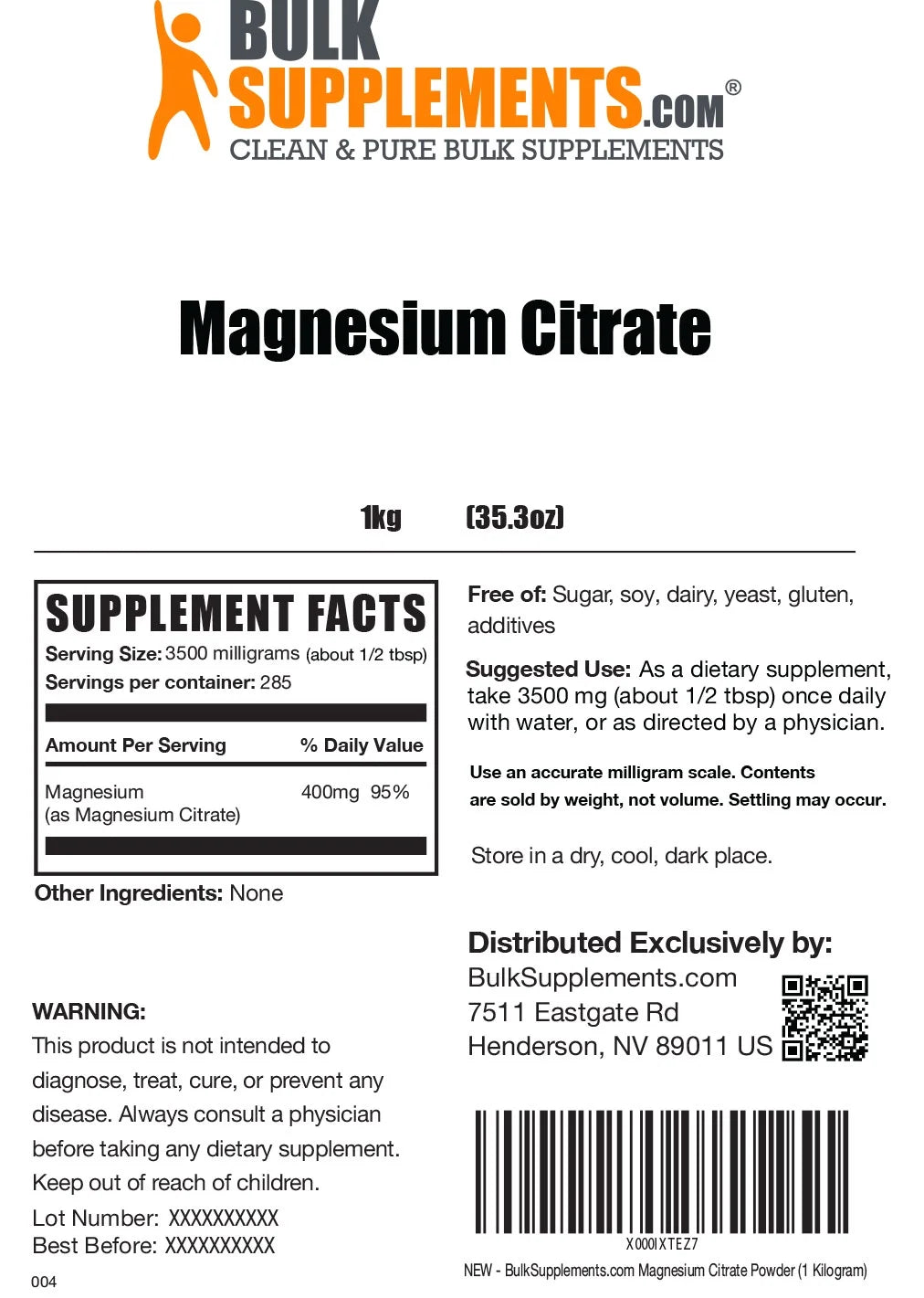 Magnesium Citrate Powder 3500mg Supplement, 1kg M321094
