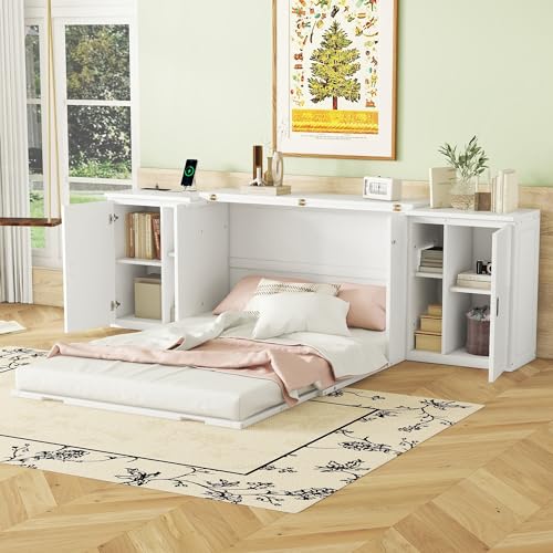 Ball & Cast Queen Size Solid Pine Murphy Bed with Charging Station, White + Walnut P2075