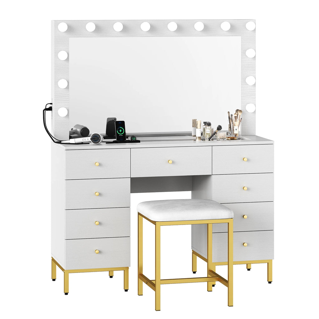 DWVO Vanity Table Set with Lighted Mirror, Charging Station & Stool D23790