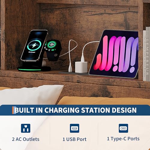 GarveeHome Full Size Bed Frame with Bookcase Headboard and Charging Station Z337