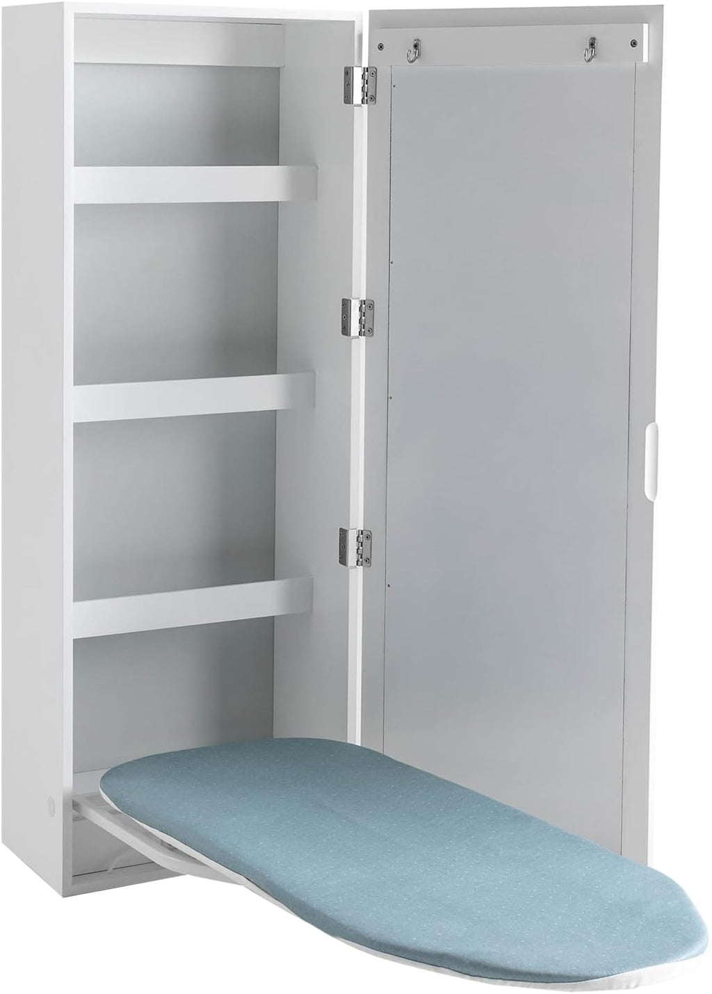 Wall-Mounted Ironing Board Cabinet with Mirror, Built-in Swivel Ironing Board Foldable Ironing Storage Station for Home, Apartment, White