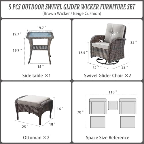 Outdoor Wicker Swivel Rocker Chairs Set of 2 with Rattan Side Table, Brown/Blue B592