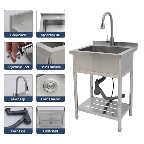 Lordear Stainless Steel Utility Sink 24 Inch Single Bowl Freestanding O589484