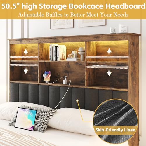 Lifezone Queen Bed Frame with Bookcase Headboard, Storage Drawers & Charging Station, Rustic Grey V4785