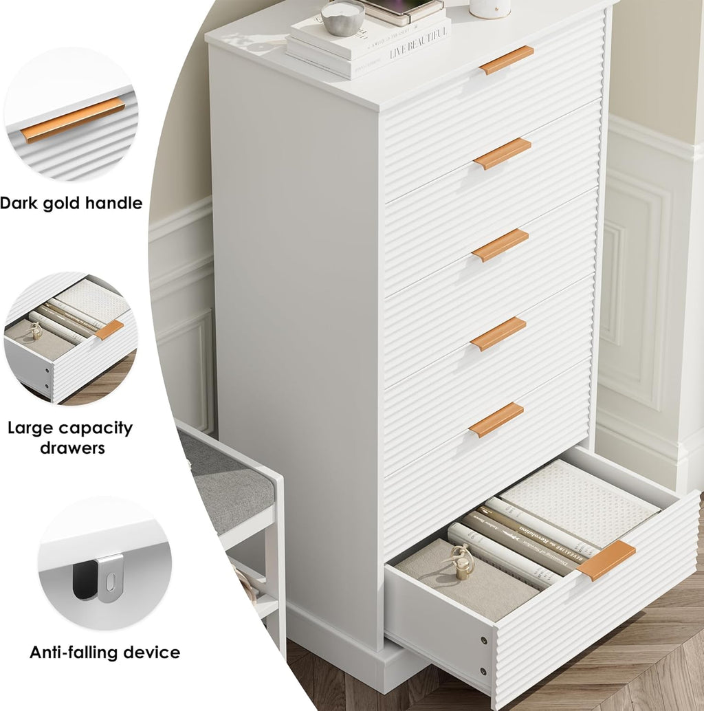 6 Drawer Dresser, Tall White Chest with Handles for Home & Office E6924