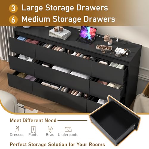 White Dresser for Bedroom, 9 Drawer with Charging Station, 63 Inch Wood Chest F765