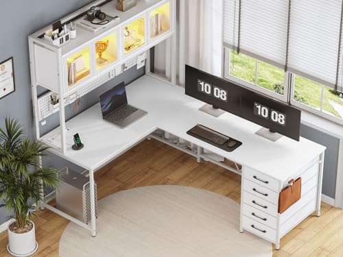 SEDETA L Shaped Gaming Desk with Drawers, LED Lights, and Power Outlet O3738