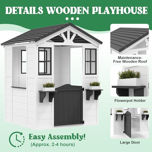 Cedar Wooden Kids Playhouse with Play Kitchen and Vinyl Roof U118424