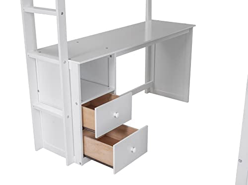 Full Size Solid Wood Loft Bed with Wardrobes, Desk and Storage Cabinet, White J33469