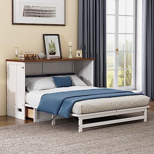 Ball & Cast Queen Size Solid Pine Murphy Bed with Charging Station, White + Walnut P2075