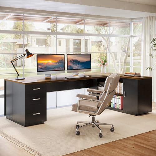 Tribesigns 85.8-Inch L-Shaped Executive Desk with File Drawers & Shelves, White & Brown I578