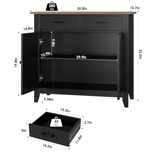 HORSTORS Kitchen Storage Cabinet, Farmhouse Buffet with 2 Drawers and 2 Doors, Grey A4009