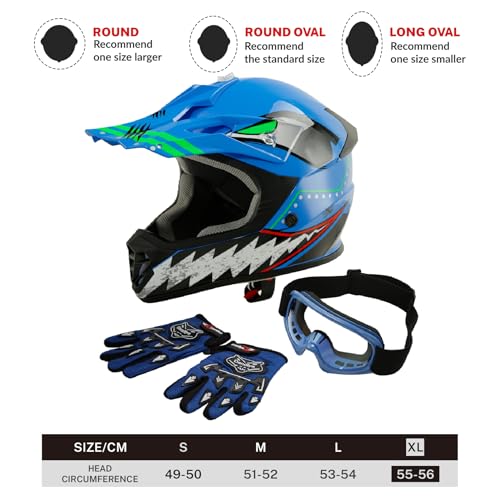 SLMOTO Dot Youth Kids Motocross Offroad Helmet with Goggles and Gloves Blue Skull D851858