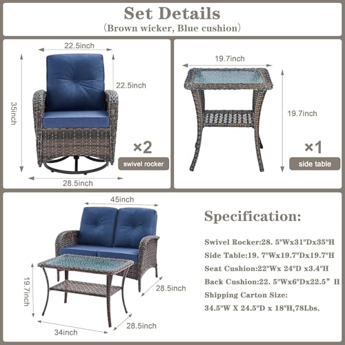 Outdoor Wicker Swivel Rocker Chairs Set of 2 with Rattan Side Table, Brown/Blue B592