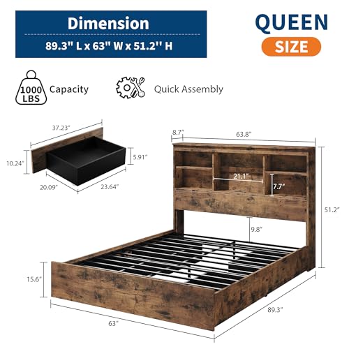 GarveeHome Full Size Bed Frame with Bookcase Headboard and Charging Station Z337