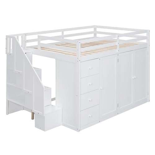 Harper & Bright Designs Twin Size Loft Bed with L-Shaped Desk and Stairs, Solid Wood, White D768