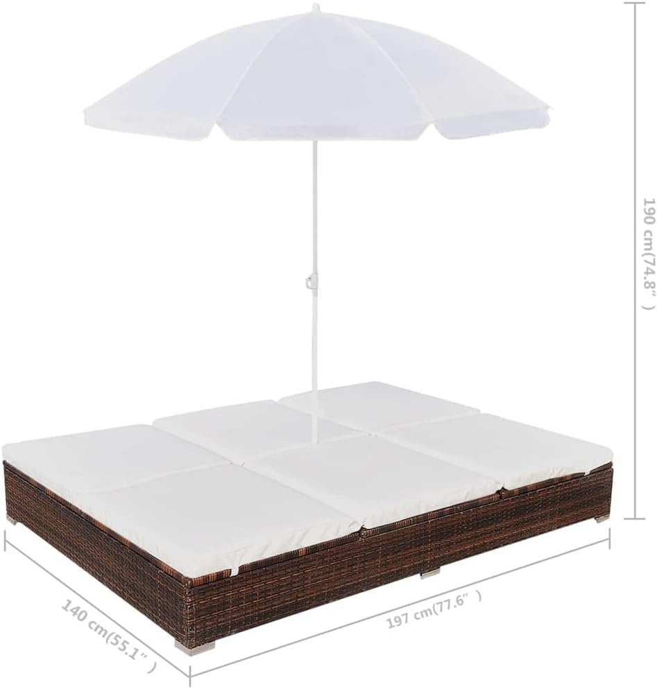 Double Sun Lounger with Cushion and Umbrella for Patio, Pool, Backyard S6251