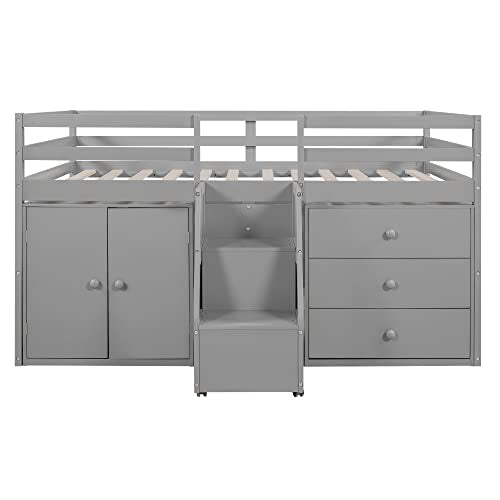 Full Size Low Loft Bed with Retractable Writing Desk and Storage Q64739