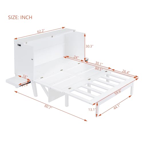 Queen Size Solid Pine Murphy Bed Chest with Charging Station and Storage Drawer K498