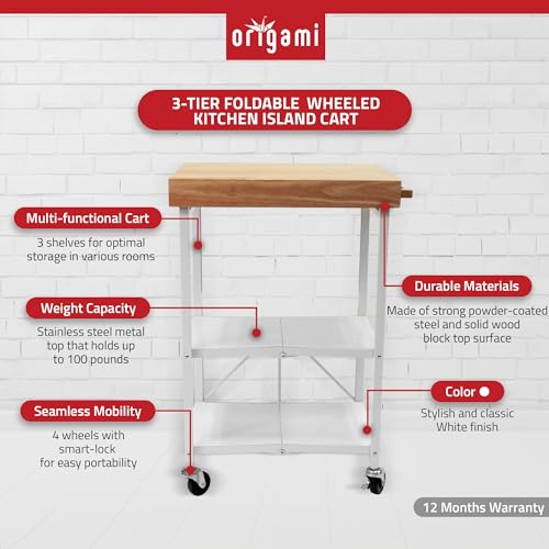 Origami Folding Kitchen Cart on Wheels, 3-Tier Rolling Cart Z2164