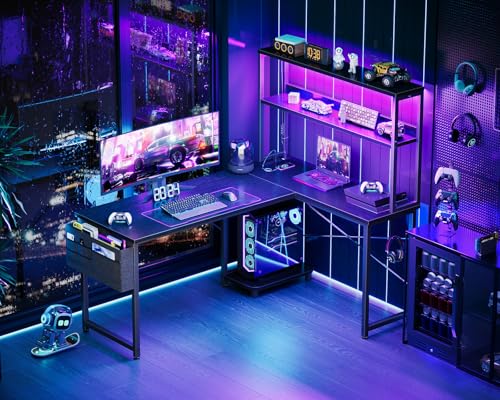 AODK L Shaped Gaming Desk with LED Light & Power Outlet, Grey Oak P41493