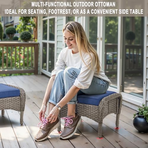 Outdoor Wicker Swivel Rocker Chairs Set of 2 with Rattan Side Table, Brown/Blue B592