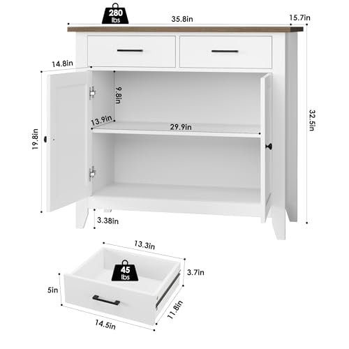 HORSTORS Kitchen Storage Cabinet, Farmhouse Buffet with 2 Drawers and 2 Doors, Grey A4009