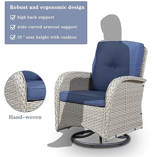 Outdoor Wicker Swivel Rocker Chairs Set of 2 with Rattan Side Table, Brown/Blue B592