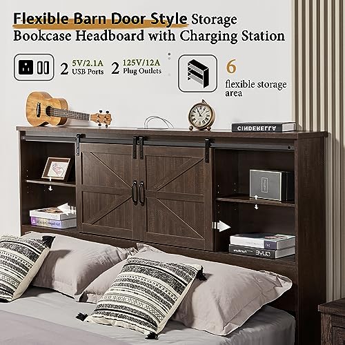 VanAcc Full Size Wooden Platform Bed with Bookcase Headboard and 2 Drawers O6158