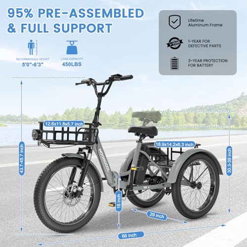 MOONCOOL Electric Trike for Adults, 20" Folding 3-Wheel Ebike, 500W Motor, Removable Battery W50658