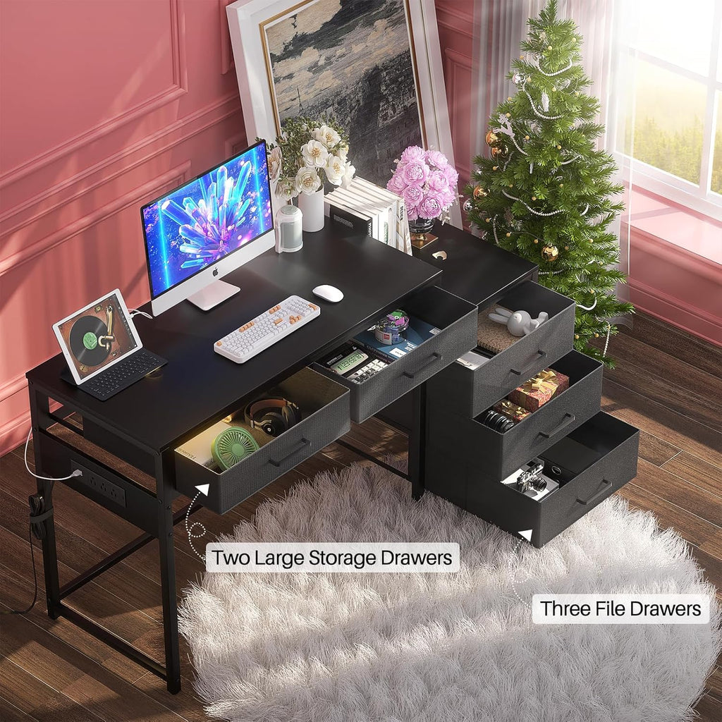 Computer Desk with 5 Drawers, Power Outlets and USB Ports, Black C972