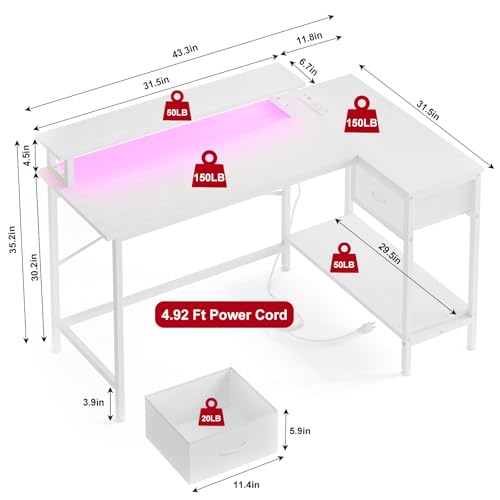 Fixwal L Shaped Gaming Desk with Power Outlets and LED Lights, Rustic Brown J2138