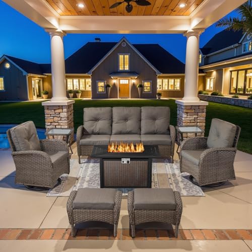 Outdoor Wicker Swivel Rocker Chairs Set of 2 with Rattan Side Table, Brown/Blue B592