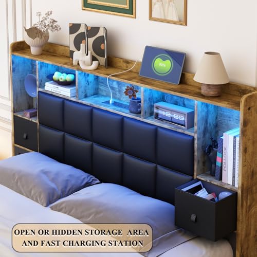 LED Bed Frame Full Size with Bookshelf Headboard and Charging Station R978868