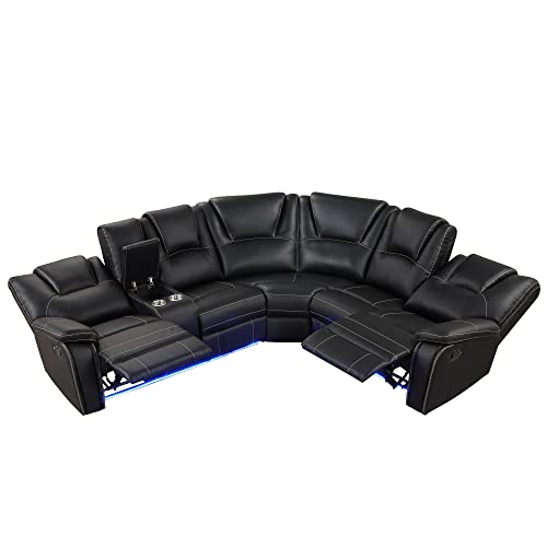 PU Leather Manual Reclining Sectional Sofa with Cup Holders, Brown E3190